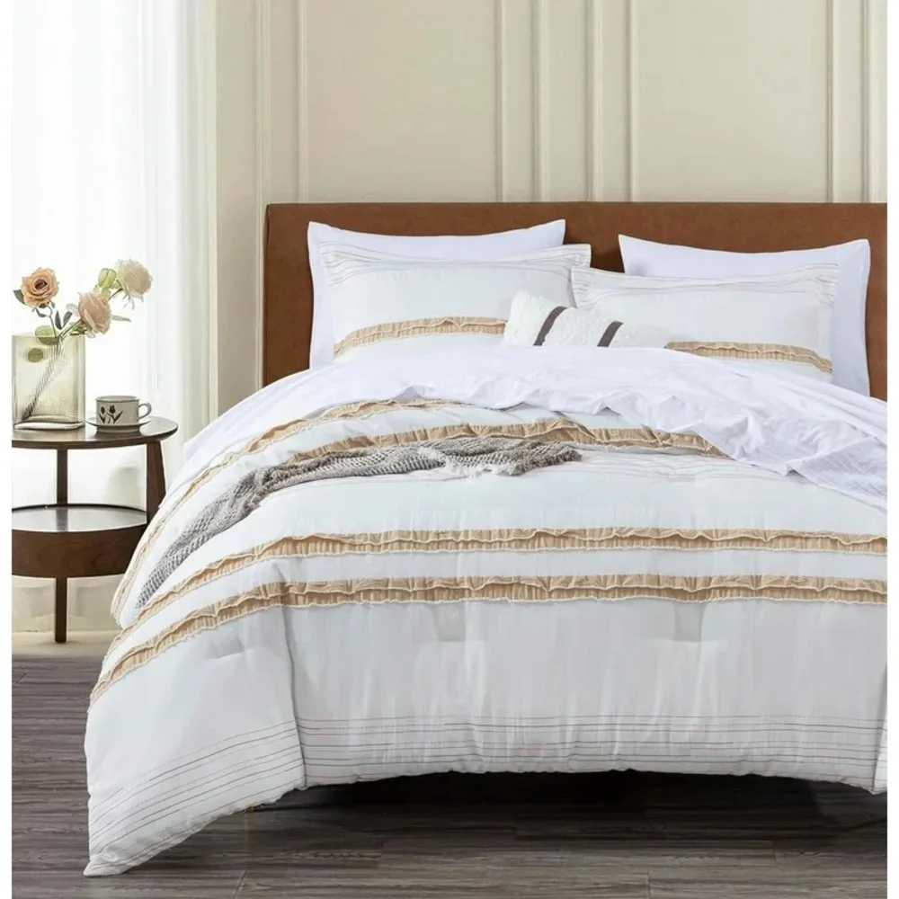 White Comforter with Tan Stripe Detailing - Elegant Layered Comfort